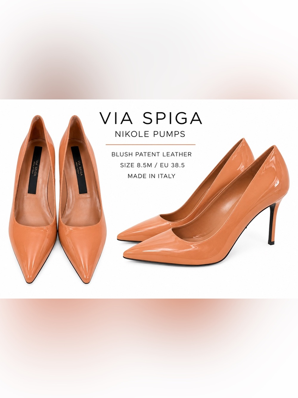 Via Spiga Nikole Blush Patent Leather Pointed Toe Pumps 8.5 Made in Italy Heels
